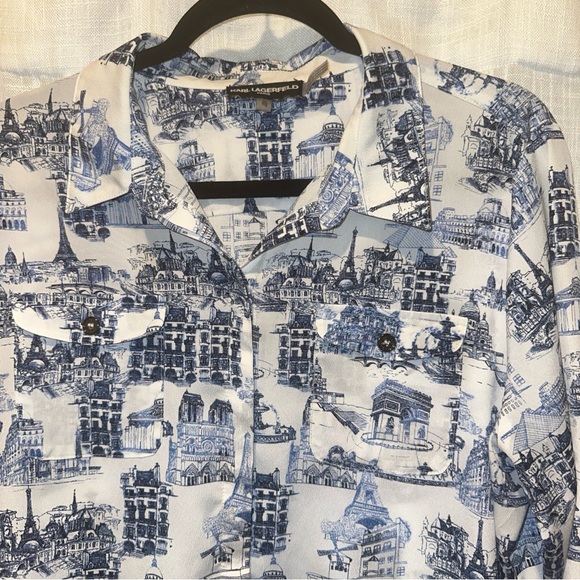 Karl Lagerfeld Womens Blouse XL Paris Print Button Up Roll Tab Parisian Scene - Picture 3 of 15